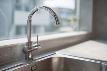 Modern kitchen faucet with stainless steel finish near a bright window