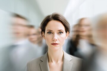 Focused European businesswoman holding steady gaze while activity blurs around her. Concept portrait representing concentration, inner balance and mental resilience