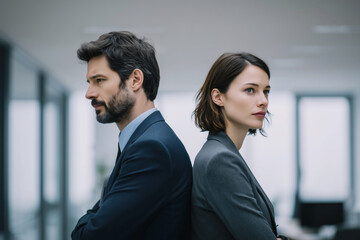European business colleagues standing back to back in modern office with visible tension. Concept portrait illustrating workplace conflict and professional misalignment