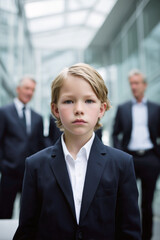 Serious young European boy in formal suit standing in front of adults in office setting. Concept portrait illustrating future goals and generational ambition