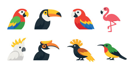 Colorful tropical birds with cascading neon glow on dark background