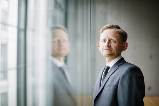 European businessman with dwarfism standing by reflective glass wall in modern office. Concept portrait expressing identity, confidence and professional self perception