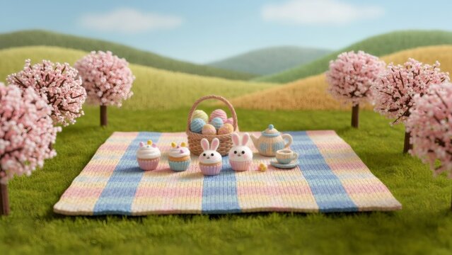 Knitted Easter picnic with bunny cupcakes and colorful eggs on a checkered blanket in a spring field with blossoming trees. Happy Easter holiday concept.