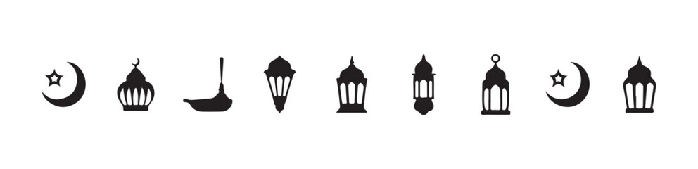 Obraz premium Islamic culture icon collection with crescent moon, different lanterns, and an oil lamp silhouette