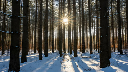 Obraz premium Golden sunlight illuminates a tranquil winter forest, creating captivating patterns of light and shadow on the pristine snow-covered ground, a truly serene natural scene