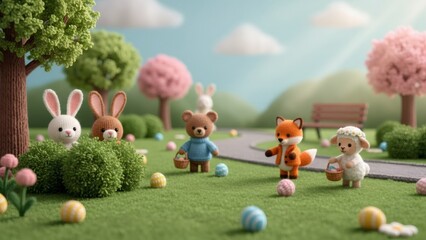 Knitted Easter characters like bunny, bear, fox, sheep playing in sunny park with spring eggs. Celebration of Easter with cute toy animals.