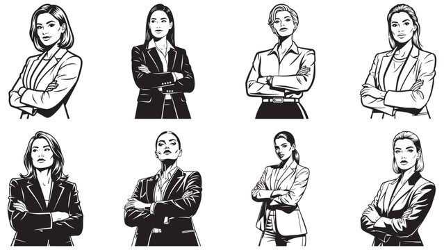Professional business women portraits with crossed arms for corporate leadership team management and female entrepreneurship startup branding resources.