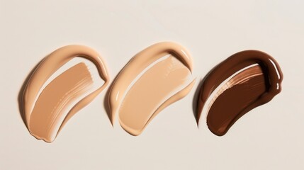 Three swatches of foundation in varying skin tones on a light background. The shades include light beige, medium beige, and dark brown.