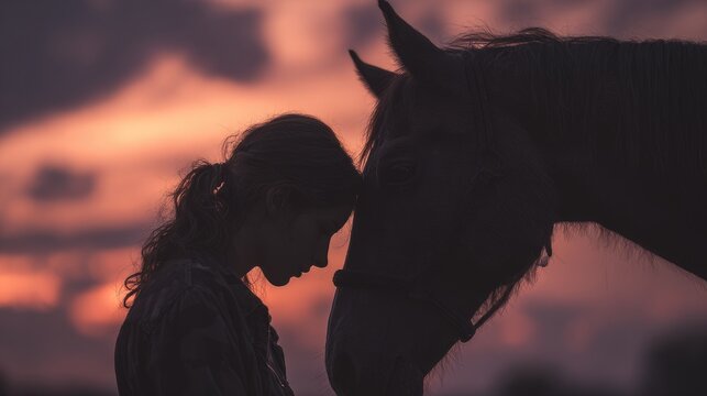 Person and horse silhouette sharing quiet sunset moment