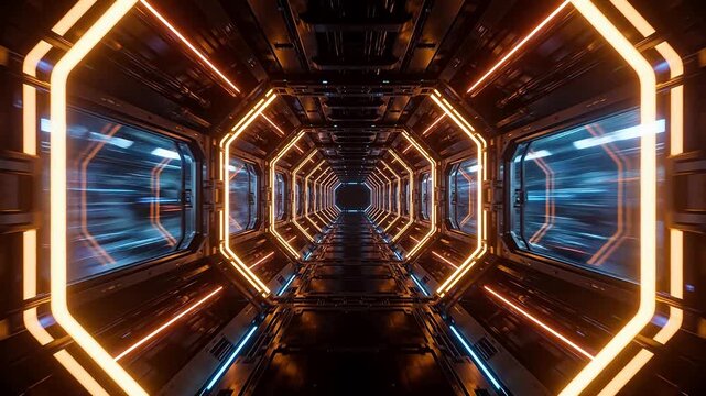 Sci-fi hexagon tunnel with orange neon lights and windows