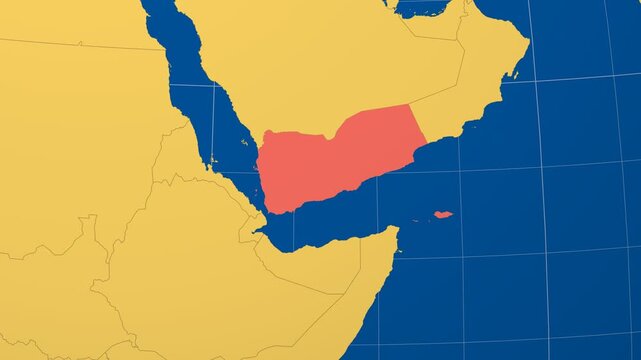 Yemen on Globe. Animated zoom into the country in Ocean Blue Golden Yellow color palette. Yemen logo animation. Map with meridians, parallels. Vibrant video.