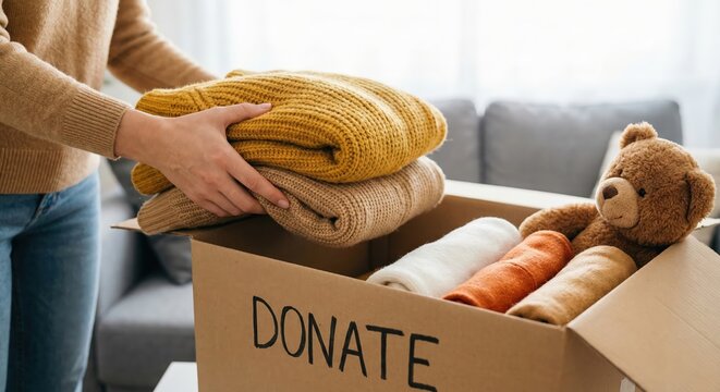 A kind adult woman organizing and donating warm winter sweaters and a teddy bear into a cardboard box at home, charitable clothing donation concept, indoor lifestyle, close up.