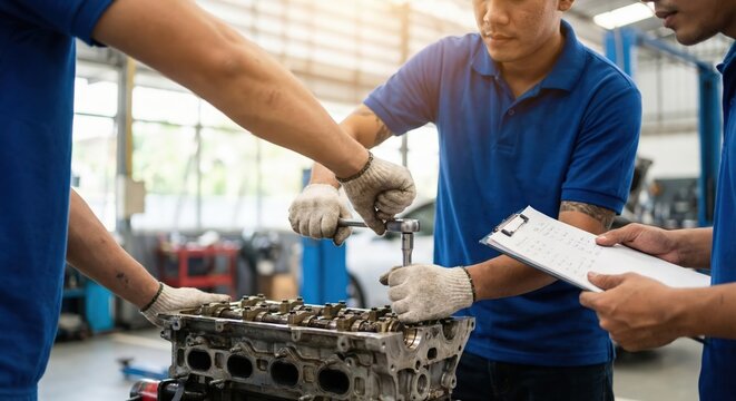 Two Southeast Asian adult male mechanics repairing a car engine with a wrench and clipboard in a bright auto repair shop, focused automotive maintenance and professional vehicle service concept.