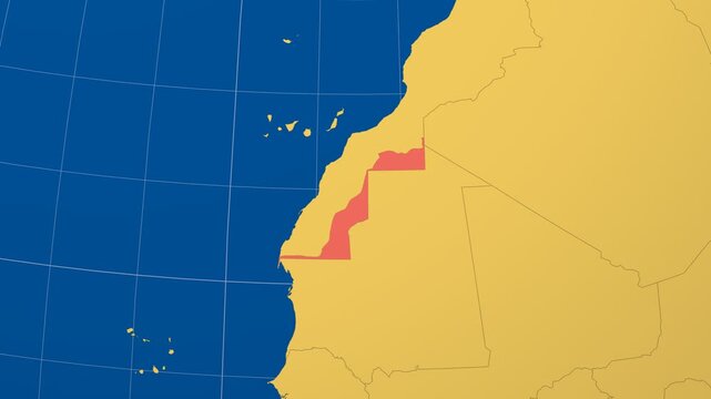 Western Sahara on Globe. Animated zoom into the country in Ocean Blue Golden Yellow color palette. Western Sahara logo animation. Map with meridians, parallels. Amazing video.