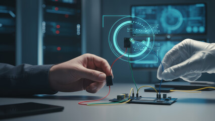 Ai developer programming coding technology collaborate on microcontroller wiring and sensor testing in modern lab setting with futuristic interface