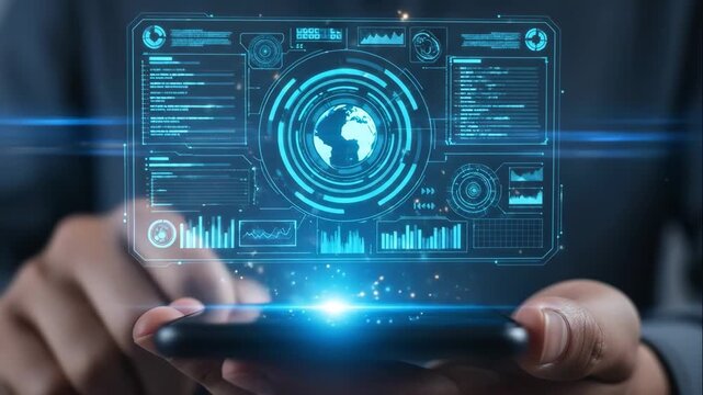 Futuristic Smartphone Displaying Holographic Global Data and Analytics