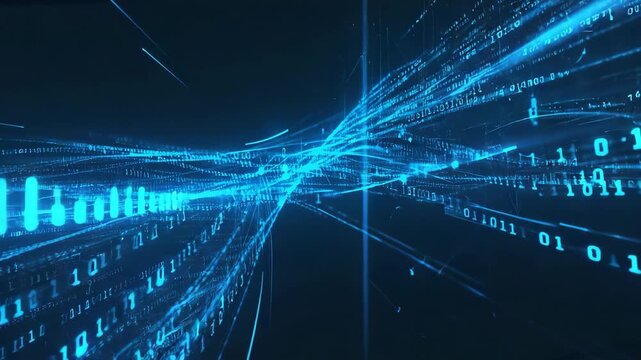 Futuristic visualization of glowing blue data streams and flowing binary code converging through a digital space, symbolizing high-speed data transfer, cybersecurity, cloud computing
