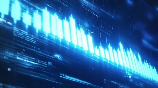 Glowing Blue Candlestick Chart with Digital Market Data by flowing digital data lines, representing stock market performance, real-time trading, fintech technology, and advanced financial analytics