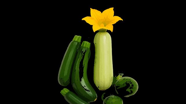 Zucchini and squash with yellow flower on black background Keywords: zucchini, squash, vegetable