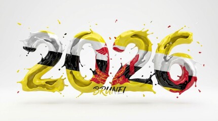 vivid brunei 2026 made of 3d liquid paint splash numbers in flag colors on clean white background bold 3d celebratory number design perfect for new year posters cards and social media templates