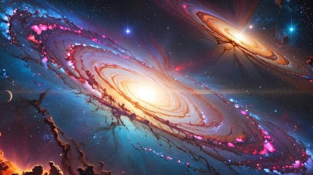 Vibrant cosmic artwork showcasing two galaxies colliding in a colorful display of celestial energy.