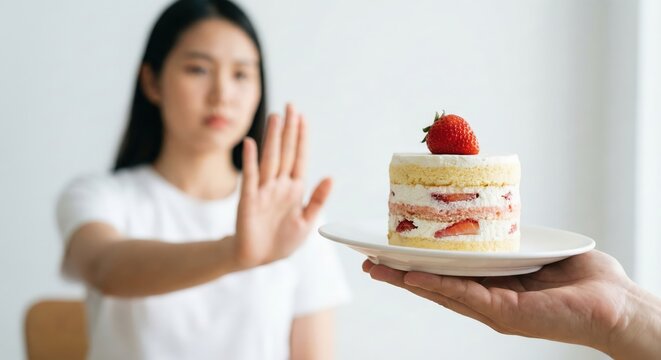 Young East Asian woman in a white t-shirt making a stop hand gesture to refuse a piece of strawberry shortcake on a plate, concept of dieting, sugar-free lifestyle, and healthy willpower indoors.