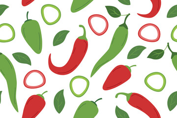Pepper vegetable seamless pattern. Nature background of hot peppers isolated on white. Gardening, farming and food concept. Vector flat banner.