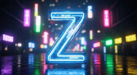 Obraz premium Glowing neon letter Z on rainy city street at night with colorful signs