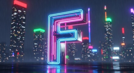 Vibrant neon letter F in modern cityscape at night with colorful skyscrapers