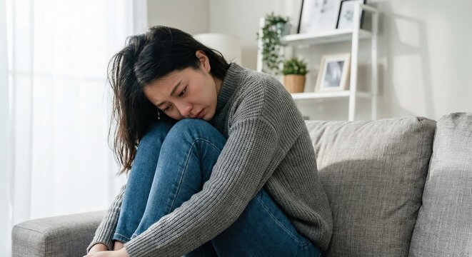 Sad young Asian woman feeling anxious and depressed sitting alone on a sofa curled up in her living room during the day, adult female suffering from mental health issues and loneliness indoors.