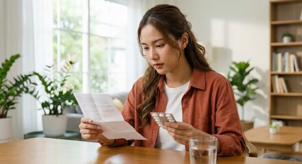 Concentrated young Southeast Asian woman reading medication instructions and holding pill blister pack at home, healthcare and wellness concept in a bright living room during the day