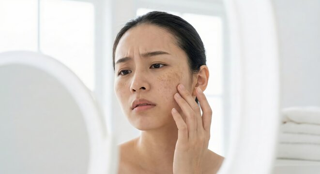 Concerned young East Asian woman examining her facial skin hyperpigmentation and melasma in a mirror indoors, adult female with freckles feeling anxious about skin care at home