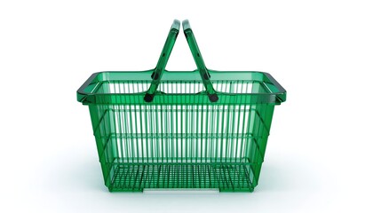 Fototapeta premium Transparent green shopping basket on a white backdrop, front view