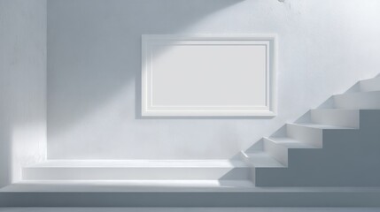 Fototapeta premium Ascension and Display: A pristine blank frame hangs on a smooth wall, illuminated by soft shadows, with clean staircase leading upwards, creates a serene space ready for personalization