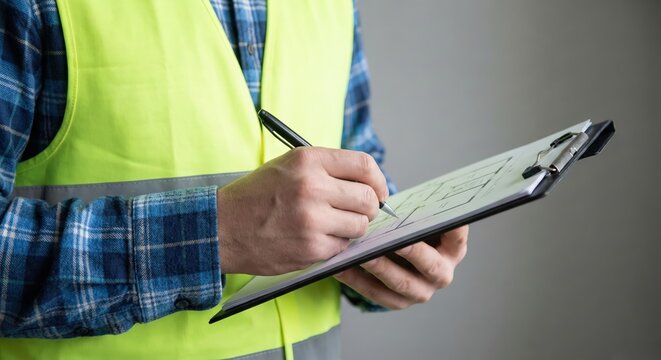 Adult Asian male engineer in a green high-visibility safety vest writing on a floor plan blueprint indoors on a clipboard, professional building inspector conducting a site survey.
