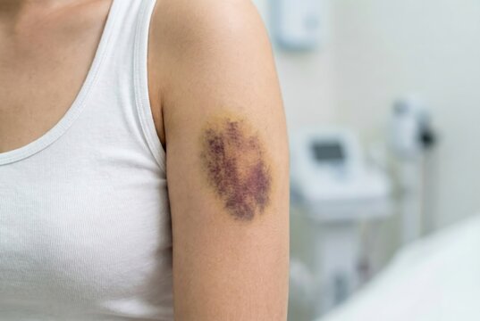 Young Asian woman examining a large purple bruise on her arm, healthcare and medical concept of skin injury or hematoma, indoors in soft daylight wearing white tank top.