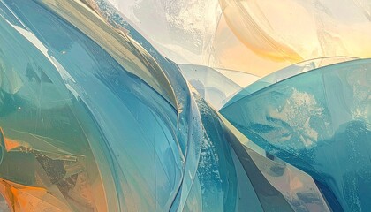 Obraz premium 🎨 Abstract Fluid Digital Artwork with Translucent Blue, Orange, and Cream Shapes in Motion