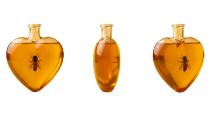 Set of Three Heart-Shaped Glass Bottles Filled with Honey and Preserved Bees Isolated on Transparent Background