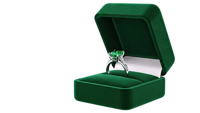 Emerald engagement ring in a velvet jewelry box