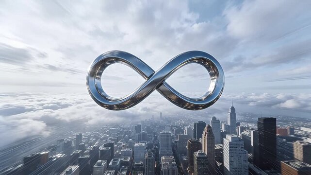 Silver infinity symbol floating over modern city skyline