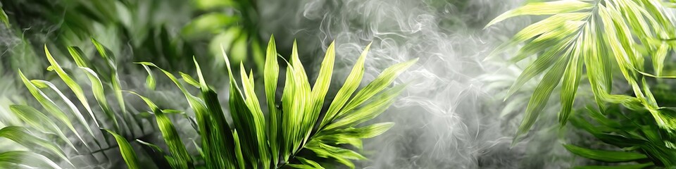 Obraz premium Translucent jungle leaves glowing in soft neon green and white mist