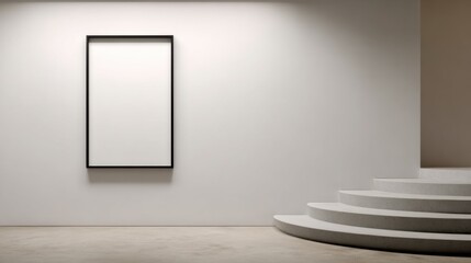 Obraz premium Blank Canvas and Architectural Grace: A minimalist composition featuring an empty framed art and the gentle curves of staircase in a serene ambiance.