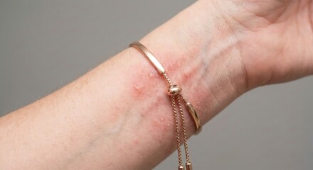 Adult woman showing red allergic skin reaction on wrist from jewelry, contact dermatitis and sensitive skin rash under a rose gold bracelet indoors, healthcare and dermatology concept.