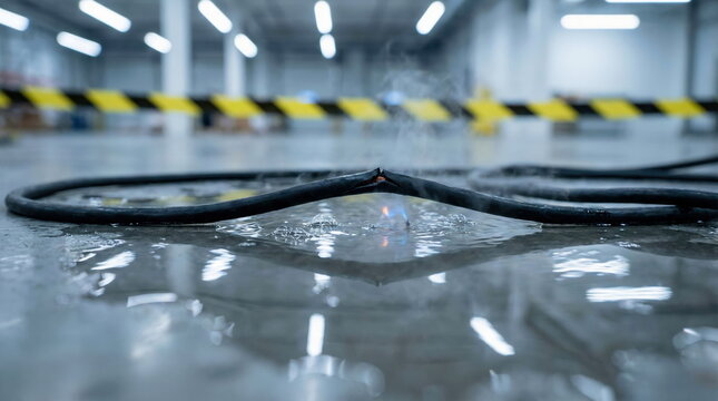 A close-up shot of a damaged electrical cable sparking in a puddle on a wet floor, creating a dangerous workplace hazard and industrial risk.