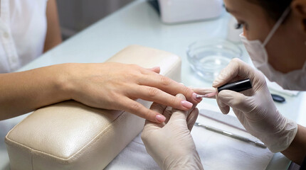 Obraz premium Manicure treatment at nail salon close up focus on fingers