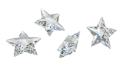 Set of Four Brilliant Faceted Crystal Stars Isolated on Transparent Background