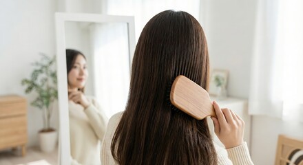 Fototapeta premium A young East Asian woman in a white tshirt brushing her long straight brown hair with a wooden paddle brush in front of a mirror during her morning self-care routine at home, hair care concept.