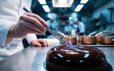 Chef meticulously garnishes a luxurious chocolate glazed cake with an edible flower in a professional kitchen, showcasing fine dining dessert preparation.