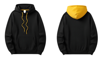 Black hoodie with yellow hood and drawstrings isolated on transparent background
