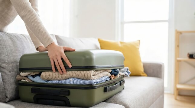 Determined adult East Asian woman struggling to close an overpacked olive green hardshell suitcase on a gray sofa in a bright living room, preparation for travel and holiday concept.